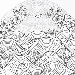 May include: Black and white illustration of stylized ocean waves with cherry blossom branches. The design features detailed line work, creating a sense of movement and texture. The background includes a pattern of clouds.