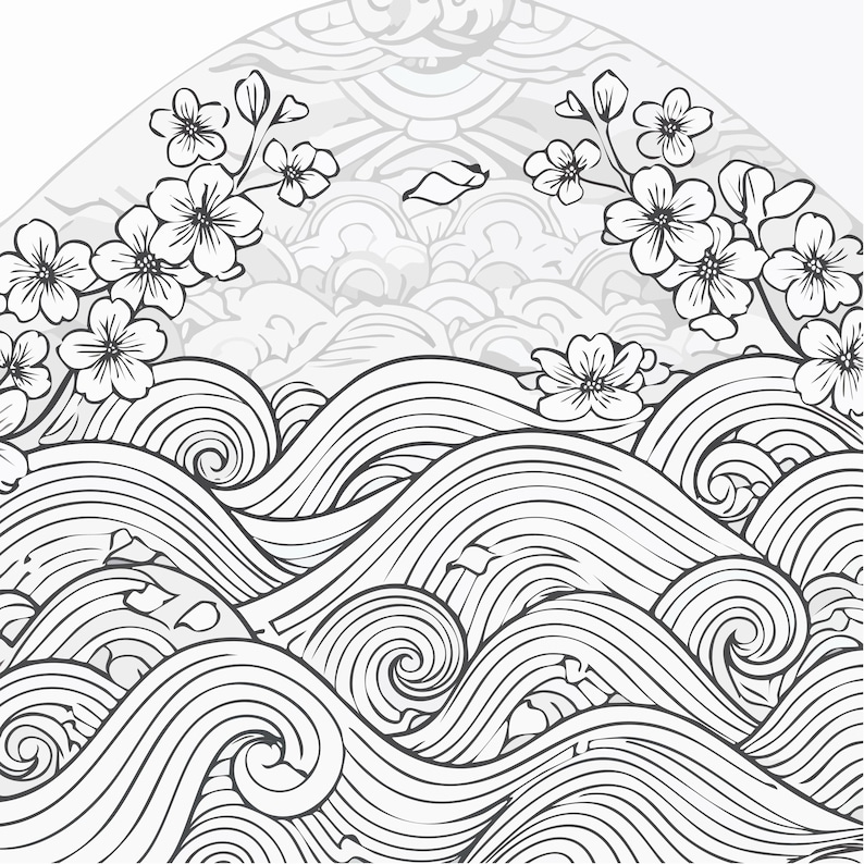 May include: Black and white illustration of stylized ocean waves with cherry blossom branches. The design features detailed line work, creating a sense of movement and texture. The background includes a pattern of clouds.