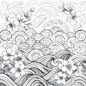 May include: Black and white illustration of a Japanese-inspired design. The artwork features stylized waves, clouds, and cherry blossoms. The design has a grayscale color palette, with varying shades of gray to create depth and dimension.
