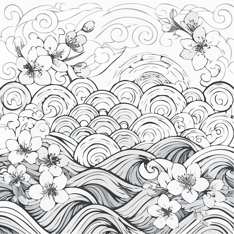 May include: Black and white illustration of a Japanese-inspired design. The artwork features stylized waves, clouds, and cherry blossoms. The design has a grayscale color palette, with varying shades of gray to create depth and dimension.