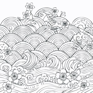 May include: Black and white illustration of stylized waves and cherry blossoms. The design features a repeating pattern of curved lines and circular shapes, with detailed floral accents throughout the composition.