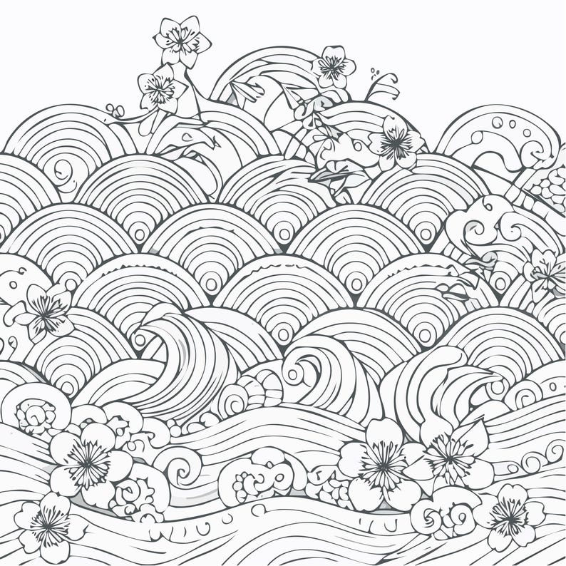 May include: Black and white illustration of stylized waves and cherry blossoms. The design features a repeating pattern of curved lines and circular shapes, with detailed floral accents throughout the composition.