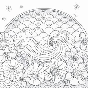 May include: Black and white line art illustration featuring a stylized wave, flowers, and a semi-circular background with a pattern of overlapping shapes. The flowers are in the foreground, with the wave and background elements behind them.