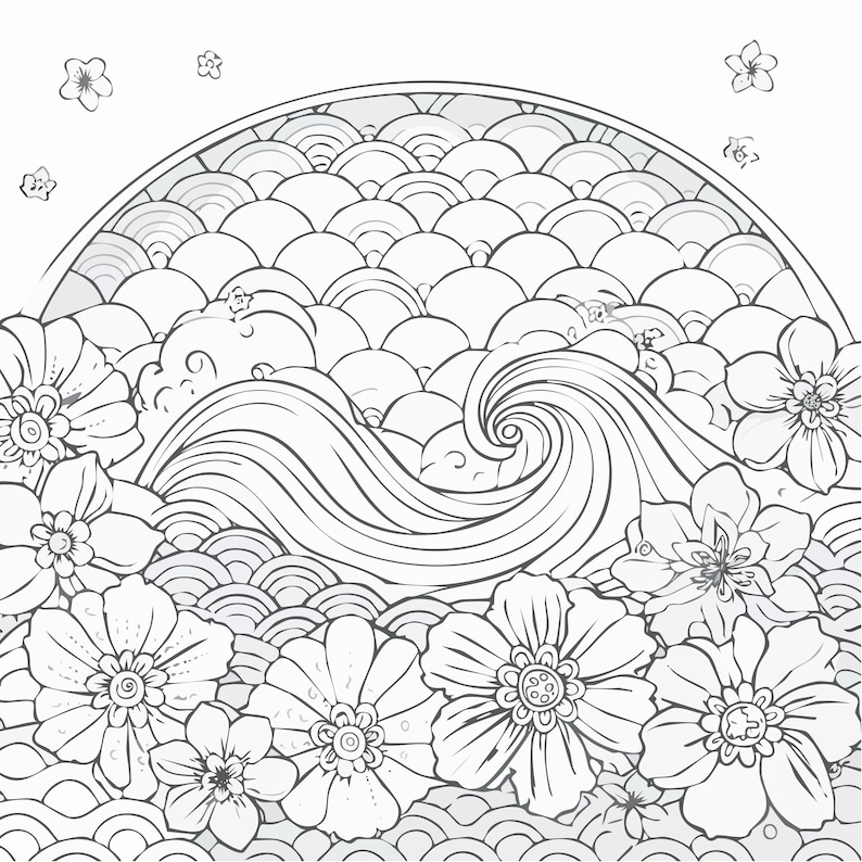 May include: Black and white line art illustration featuring a stylized wave, flowers, and a semi-circular background with a pattern of overlapping shapes. The flowers are in the foreground, with the wave and background elements behind them.