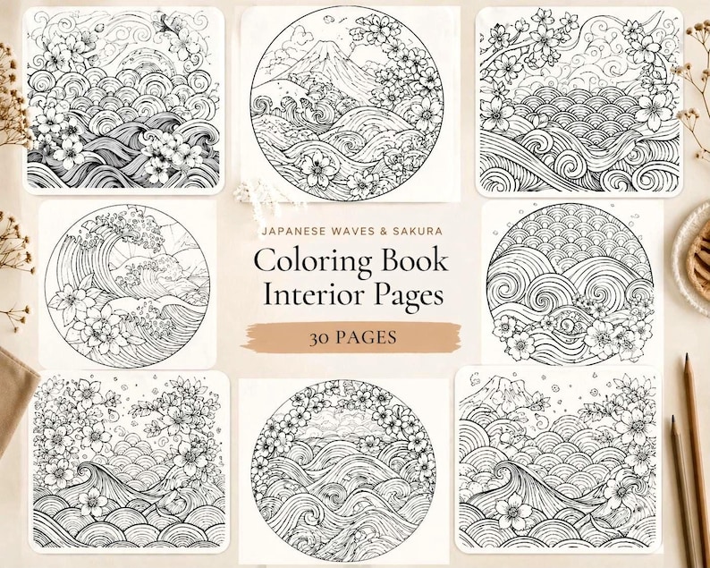 May include: A collection of black and white coloring book pages featuring Japanese waves and sakura designs. The pages include circular and square compositions with detailed illustrations of waves, cherry blossoms, and mountain landscapes. The text "Japanese Waves & Sakura Coloring Book Interior Pages 30 Pages" is also visible.