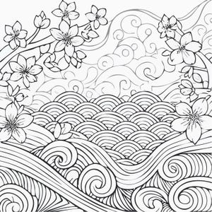 May include: Black and white line art illustration of a Japanese-inspired landscape. Cherry blossom branches frame the top, with stylized waves and clouds filling the scene. The design is suitable for coloring or as a decorative element.