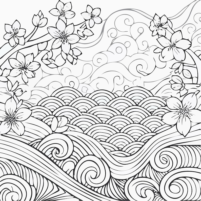 May include: Black and white line art illustration of a Japanese-inspired landscape. Cherry blossom branches frame the top, with stylized waves and clouds filling the scene. The design is suitable for coloring or as a decorative element.