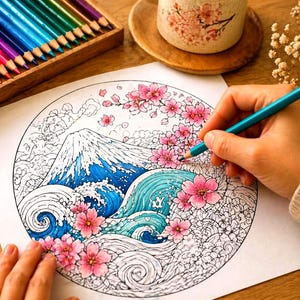 May include: A person coloring a detailed illustration of Mount Fuji with pink cherry blossoms and blue waves, using a teal colored pencil. A wooden box of colored pencils is in the background.