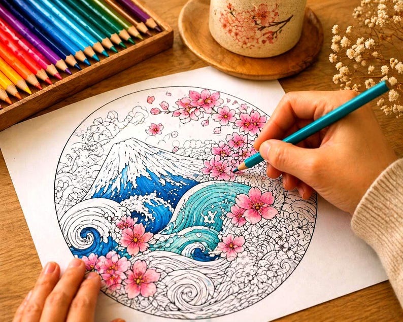 May include: A person coloring a detailed illustration of Mount Fuji with pink cherry blossoms and blue waves, using a teal colored pencil. A wooden box of colored pencils is in the background.