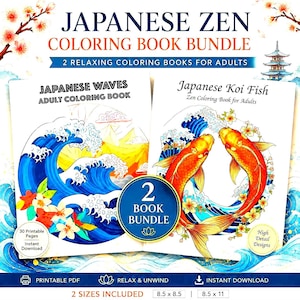 Puede incluir: Un paquete de libros para colorear Zen japonés con dos libros para colorear para adultos. Los libros se titulan "Japanese Waves" y "Japanese Koi Fish". El libro "Japanese Waves" tiene un diseño de olas azules con flores. El libro "Japanese Koi Fish" muestra dos peces koi naranjas. El paquete incluye 2 tamaños: 21,6 x 21,6 cm y 21,6 x 27,9 cm.