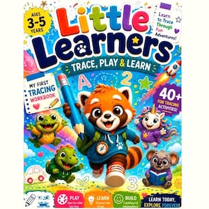 Puede incluir: Un libro de actividades infantil titulado Little Learners Trace, Play & Learn para edades de 3 a 5 años. La portada muestra un panda rojo con un lápiz azul, una rana verde, un unicornio y un koala, con el texto 40+ fun tracing activities.