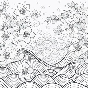 May include: Black and white floral illustration featuring stylized flowers, leaves, and flowing water. The design includes detailed line work, creating a serene and elegant aesthetic. The artwork evokes a sense of nature and tranquility.
