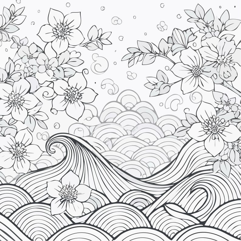 May include: Black and white floral illustration featuring stylized flowers, leaves, and flowing water. The design includes detailed line work, creating a serene and elegant aesthetic. The artwork evokes a sense of nature and tranquility.