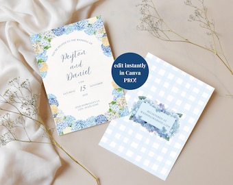 Blue Hydrangea Coastal Wedding Invitation: 5x7 Canva Template (Digital)