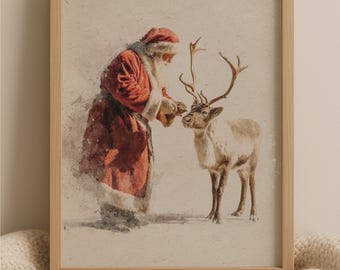 Vintage aquarel print kerstman en rendier, kerstkunst aan de muur, nostalgisch vakantiedecor schilderij, Instant Download