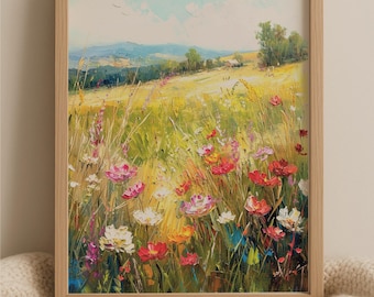 Wildflower Meadow Wall Art Printable, Summer Field Floral Painting, Cottagecore Landscape Art, Country Garden Print, Instant Download