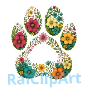 Floral Paw Prints Clipart, 18 High Quality PNGs, Dog Paw, Flowers Paw, Spring Florals, Digital Download, Card Making, Paw Dog Png, stickers