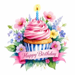Op de afbeelding: Een roze cupcake met blauwe en witte strepen en een enkele brandende kaars erop, omringd door roze, paarse en gele bloemen met groene bladeren. De cupcake heeft een roze frosting-werveling en een banner met de tekst "Happy Birthday".