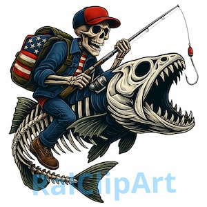 May include: A cartoon illustration of a skeleton wearing a red and blue baseball cap, blue jacket, and jeans, riding a fish skeleton and fishing. The skeleton has a backpack with an American flag design.