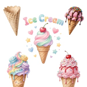 Peut inclure: Une collection de cinq cornets de glace avec diverses garnitures incluant sauce au chocolat, vermicelles, cerises et macarons, accompagnée du texte Ice Cream en couleurs pastel, entourée de petits cœurs et étoiles sur fond blanc.