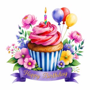 Op de afbeelding: Een roze en witte cupcake met een blauwe en witte gestreepte papieren voering, bedekt met een roze swirl van frosting en een brandende kaars. De cupcake wordt omringd door kleurrijke bloemen en ballonnen, met een paarse lintbanner waarop "Happy Birthday" staat.