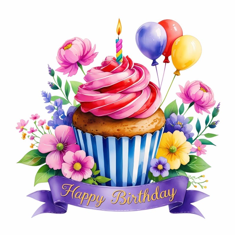 Op de afbeelding: Een roze en witte cupcake met een blauwe en witte gestreepte papieren voering, bedekt met een roze swirl van frosting en een brandende kaars. De cupcake wordt omringd door kleurrijke bloemen en ballonnen, met een paarse lintbanner waarop "Happy Birthday" staat.