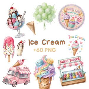Summer Ice Cream Shop Clipart Bundle, Pastel Watercolor Ice Cream PNG, Sweet Dessert Shop Graphics, Popsicle Clipart, Commercial Use, beach