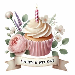 Op de afbeelding: Een roze en witte cupcake met een enkele roze en witte gestreepte kaars erop. De cupcake is omringd door roze en witte bloemen en groene bladeren. De banner luidt "Happy Birthday".