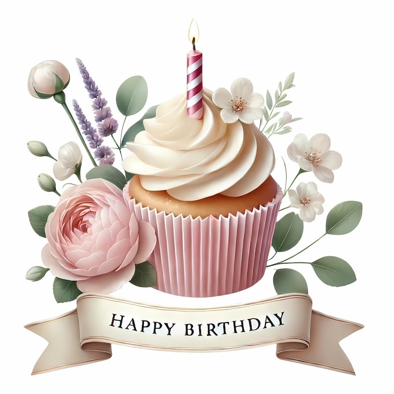 Op de afbeelding: Een roze en witte cupcake met een enkele roze en witte gestreepte kaars erop. De cupcake is omringd door roze en witte bloemen en groene bladeren. De banner luidt "Happy Birthday".