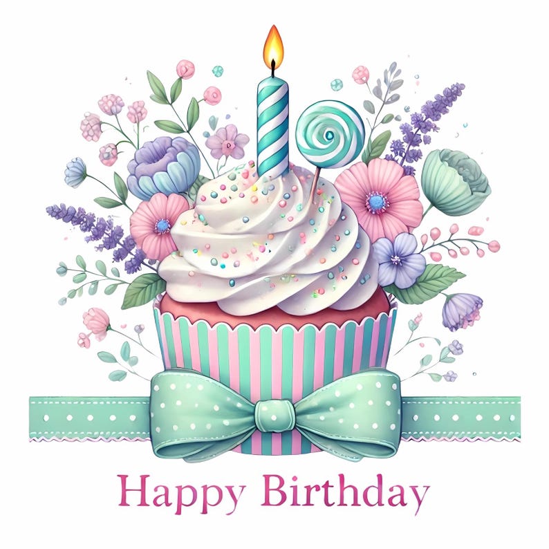 Op de afbeelding: Een roze en groene cupcake met witte frosting en sprinkles, bedekt met een brandende blauw-wit gestreepte kaars en een blauw-witte swirl lollipop. De cupcake is omringd door roze, paarse en blauwe bloemen. De tekst "Happy Birthday" staat onder de cupcake.
