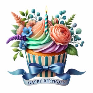 Op de afbeelding: Een kleurrijke cupcake met een enkele brandende kaars, omringd door blauwe en roze bloemen, met een blauw lint en de tekst "Happy Birthday".