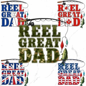 Peut inclure: Plusieurs graphiques avec le texte « REEL GREAT DAD » dans différents styles, dont le camouflage et le drapeau français. Des cannes à pêche, des leurres et des poissons sont également inclus. Idéal pour un papa pêcheur.