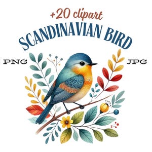 Peut inclure: Une illustration aquarelle d'un oiseau bleu et jaune perché sur une branche avec des feuilles colorées. L'oiseau a une tête bleue, une poitrine jaune et des ailes bleues et blanches. Les feuilles sont rouges, orange, jaunes et vertes. Le texte "+20 clipart SCANDINAVIAN BIRD PNG JPG" est au-dessus de l'oiseau.