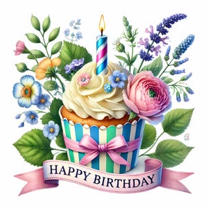 Op de afbeelding: Een witte cupcake met roze en blauwe frosting en een brandende kaars, omringd door een boeket bloemen en een roze lint met de tekst "Happy Birthday".