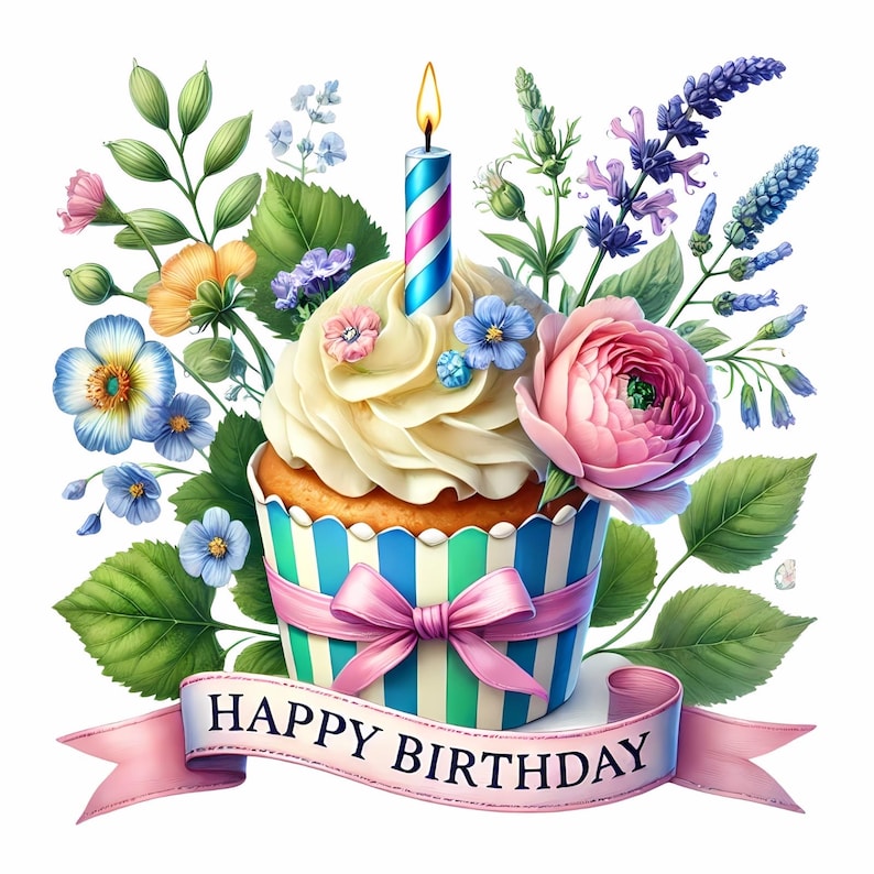 Op de afbeelding: Een witte cupcake met roze en blauwe frosting en een brandende kaars, omringd door een boeket bloemen en een roze lint met de tekst "Happy Birthday".
