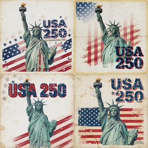 May include: A set of four square coasters featuring the Statue of Liberty in a verdigris finish. Each coaster displays the text USA 250 in bold blue and red lettering, with various American flag motifs, stars, and dates like 1776-2026.