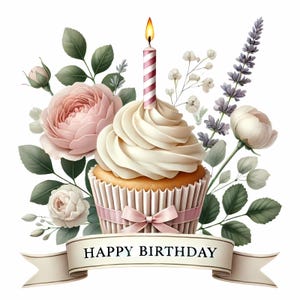 Op de afbeelding: Een witte cupcake met roze en witte frosting en een enkele brandende kaars. De cupcake wordt omringd door een boeket van roze en witte rozen, lavendel en groen. Een banner met de tekst "Happy Birthday" bevindt zich onderaan de afbeelding.