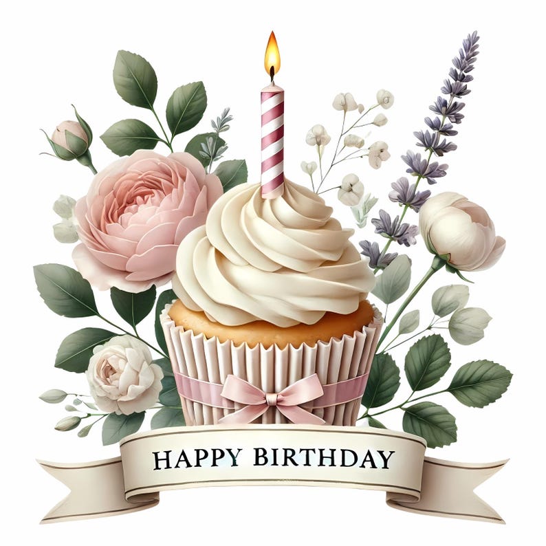 Op de afbeelding: Een witte cupcake met roze en witte frosting en een enkele brandende kaars. De cupcake wordt omringd door een boeket van roze en witte rozen, lavendel en groen. Een banner met de tekst "Happy Birthday" bevindt zich onderaan de afbeelding.