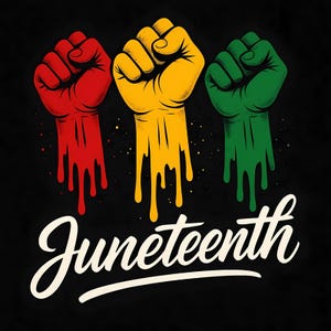May include: A graphic design featuring three raised fists in red, yellow, and green, with dripping paint effects. The word "Juneteenth" is written in a white script font against a black background.
