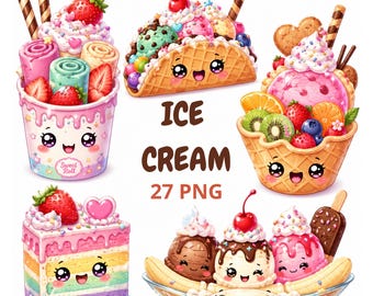 Kawaii ijsjes clipart bundel, pastel dessert PNG, schattige eten clipart, transparante PNG, sublimatie ontwerp, schattige ijslolly, zomerdessert
