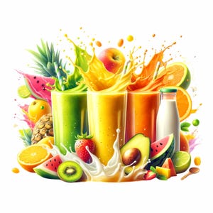 May include: A colorful image of three glasses of smoothie with splashes of fruit juice and various fruits like pineapple, watermelon, avocado, and oranges.