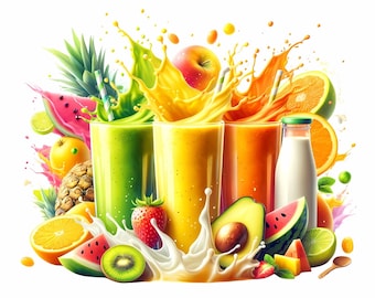 Clipart van verse sappen, bundel van 12 aquarel cliparts van vruchtensappen, set clipart van vruchtensappen, afbeeldingen van fruit en sap, sap clipart