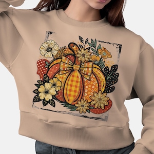 Peut inclure: Un sweat-shirt beige avec un motif sur le thème de l'automne. Le motif comprend une citrouille orange avec un nœud à carreaux, entourée de fleurs et de feuilles. La citrouille présente des motifs floraux. Le motif est encadré par un rectangle noir.