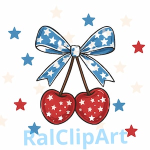 Trendy 4th of July USA Flag Cherries Bow PNG Bundle, 35 Clipart PNG, Patriotic Independence Day Watercolor Design for Sublimation, 4th July
