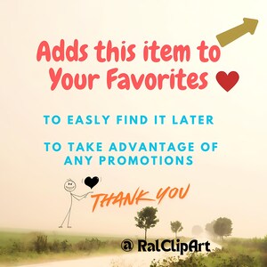 May include: Image with text: "Adds this item to Your Favorites" and "Thank You." Includes a gold arrow, a red heart, and a stick figure holding a black heart. The background is a scenic landscape.
