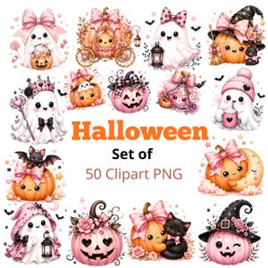 Peut inclure: Une collection numérique de 50 fichiers PNG clipart d'Halloween représentant des fantômes mignons, des citrouilles, des chats noirs et des chauves-souris dans une palette de couleurs rose et orange. Les images incluent des fantômes avec des nœuds.