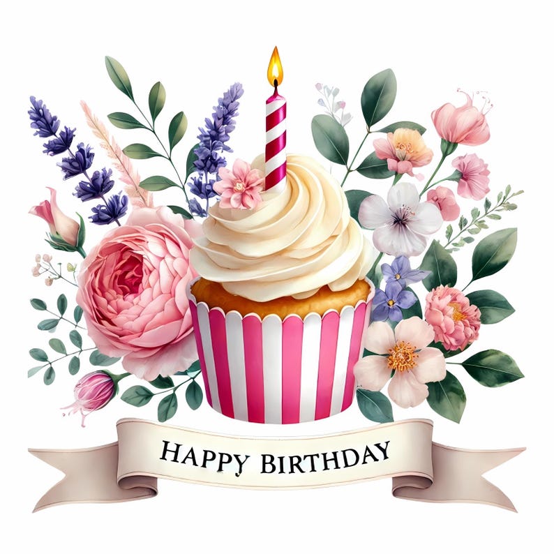 Op de afbeelding: Een roze en witte cupcake met een enkele brandende kaars, omringd door roze en paarse bloemen. De cupcake heeft roze en witte strepen en een banner met de tekst "Happy Birthday".