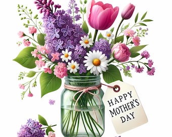 Puede incluir: Un arreglo floral en un tarro de cristal, con lilas moradas, tulipanes rosas, margaritas y otras flores. Una etiqueta con "Happy Mother's Day" cuelga del tarro. El tarro está atado con hilo.