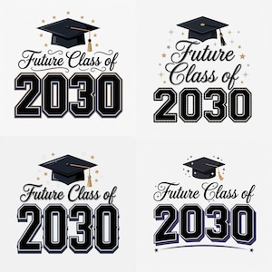 Peut inclure: Quatre modèles sur le thème de la remise de diplômes avec le texte "Future Class of 2030". Chaque modèle présente une coiffe de diplômé et des éléments décoratifs. Le texte est en gras, idéal pour les annonces.