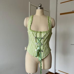 Corset Style Austrian Dirndl Blouse-Green Gingham Lace Up Top-German Alpine Oktoberfest Blouse-Bavarian Folk Trachten Top-Cottagecore EU 42